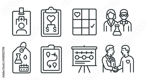 Line style icons of medical partnership and coordination: hospital liaison badge, donation planning file, medical compatibility chart, lab partner icon, testing schedule tag, transport and delivery