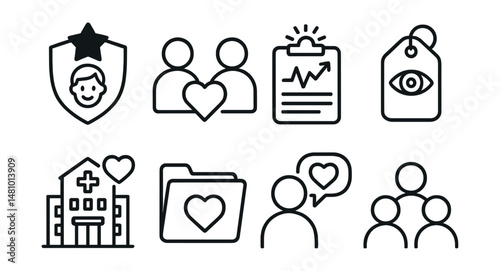 Line style icons of donation success and impact: life saved badge, donor and recipient connection icon, recovery with hope chart, gift of sight tag, hospital discharge with heart, “you made a