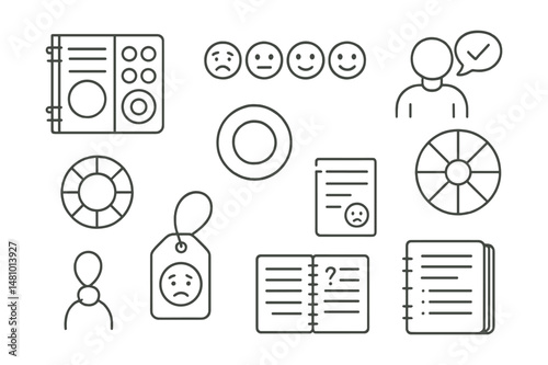 Line style icons of teen emotional awareness: mood tracker page, emoji emotion scale, color ring for feelings, mental check-in icon, daily reflection note, feeling wheel symbol, name your emotion tag