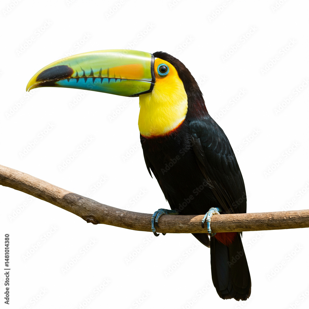 Obraz premium A toucan perched on a clean branch, large colorful beak, black body with bright yellow chest, tropical bird details, white background 