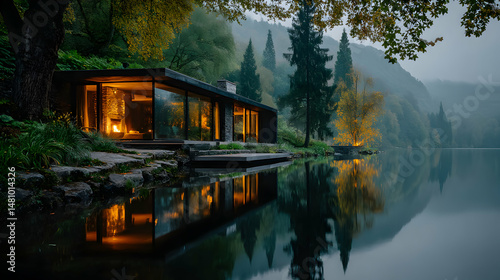 Modern cabin by a serene lake at dusk.  Tranquil retreat