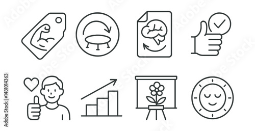 Line style icons of mental fitness and resilience: inner strength tag, bounce back badge, flexible mindset file, “you’ve got this” symbol, step by step chart, grow through challenge board, brave