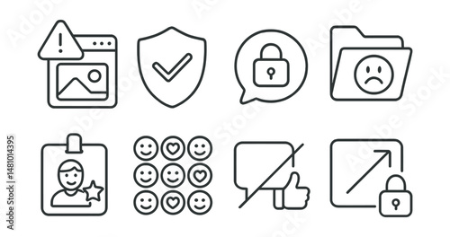 Line style icons of emotional safety online: report harmful content icon, safe platform badge, private story bubble, block negativity file, positive online role model tag, empathy emoji board, no