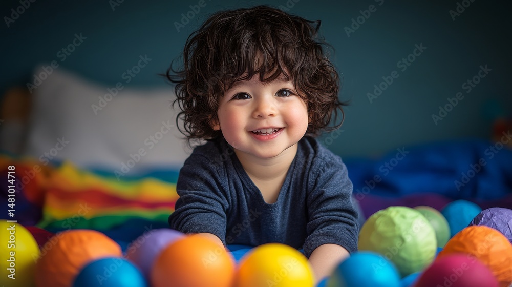 The image depicts a smiling boy wearing gray, posing in an indoor setting near an assortment of colorful building blocks The image depicts a smiling boy wearing gray, posing in an indoor setting near an assortment of colorful building blocks