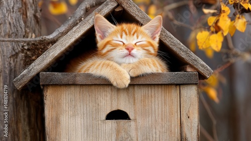 On a fluffy, brown cat tree, a sleeping kitten rests peacefully with its eyes closed and its paws tucked under its face