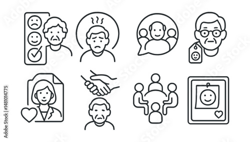 Line style icons of mental health and aging: mood tracker for seniors icon, anxiety in elders badge, support group bubble, memory support tag, elder-friendly counselor file, empathy over advice card,