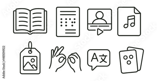 Line style icons of accessible learning materials: large print book icon, braille worksheet badge, captioned video screen, audio textbook file, picture-based guide tag, sign language resource board,