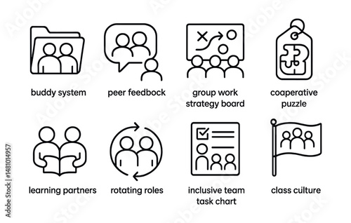 Line style icons of peer support and collaboration: buddy system file, peer feedback bubble, group work strategy board, cooperative puzzle tag, learning partners icon, rotating roles badge, inclusive