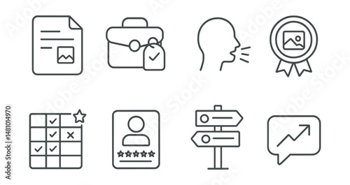 Line style icons of inclusive assessment: alternative formats file, portfolio of progress tag, oral response icon, visual project badge, performance-based rubric chart, student self-assessment card,