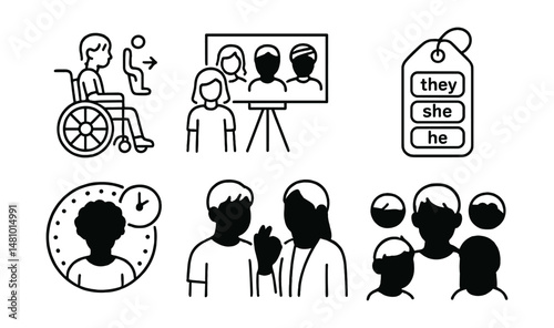 Line style icons of student diversity: different abilities icon, cultural backgrounds board, inclusive pronouns tag, various learning paces badge, student with interpreter, identity-affirming symbols