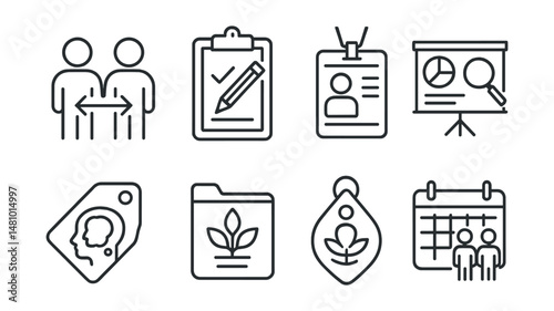 Line style icons of teacher tools for inclusion: co-teaching icon, inclusive planning guide, support staff badge, equity lens board, reflection journal tag, training in UDL file, inclusive mindset
