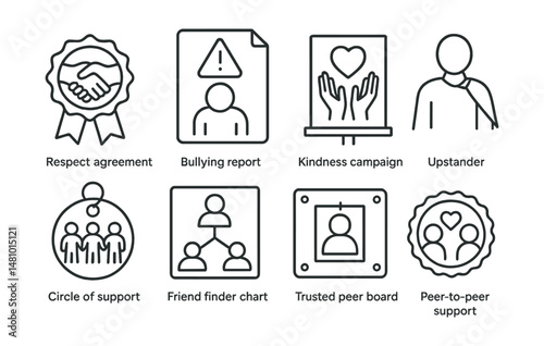 Line style icons of anti-bullying and belonging: respect agreement badge, bullying report file, kindness campaign poster, upstander role icon, circle of support tag, friend finder chart, trusted peer