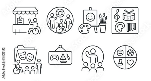 Line style icons of inclusive extracurriculars: accessible club fair icon, sports for all badge, art room with options, music class instruments board, inclusive drama group file, after-school with