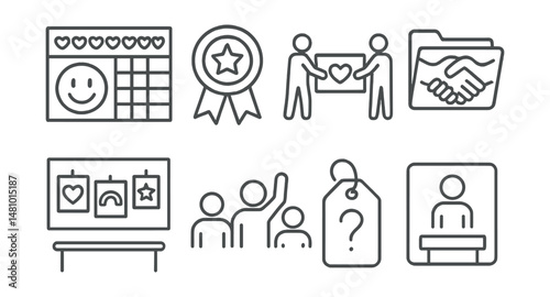 Line style icons of inclusive classroom culture: kindness tracker chart, celebration of effort badge, support one another board, team over competition file, inclusive posters wall, everyone