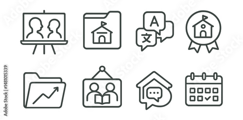 Line style icons of school-family connection: parent-teacher meeting board, school info folder, translated notice icon, open house badge, student progress file, family learning session tag,