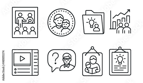 Line style icons of parenting education: workshop flyer icon, parenting class badge, topic-based guide file, co-parenting skills chart, video lesson playlist, Q&A with expert bubble, learning through