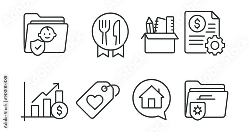Line style icons of financial and material support: child care subsidy file, meal voucher badge, school supplies box, budgeting guide icon, parenting on a budget chart, community pantry tag, housing