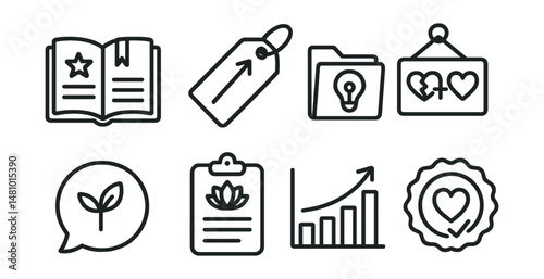 Line style icons of parenting reflection and growth: strengths and struggles journal, parenting goals tag, “what I’ve learned” file, repair + reconnect board, growth moment bubble, mindful parenting