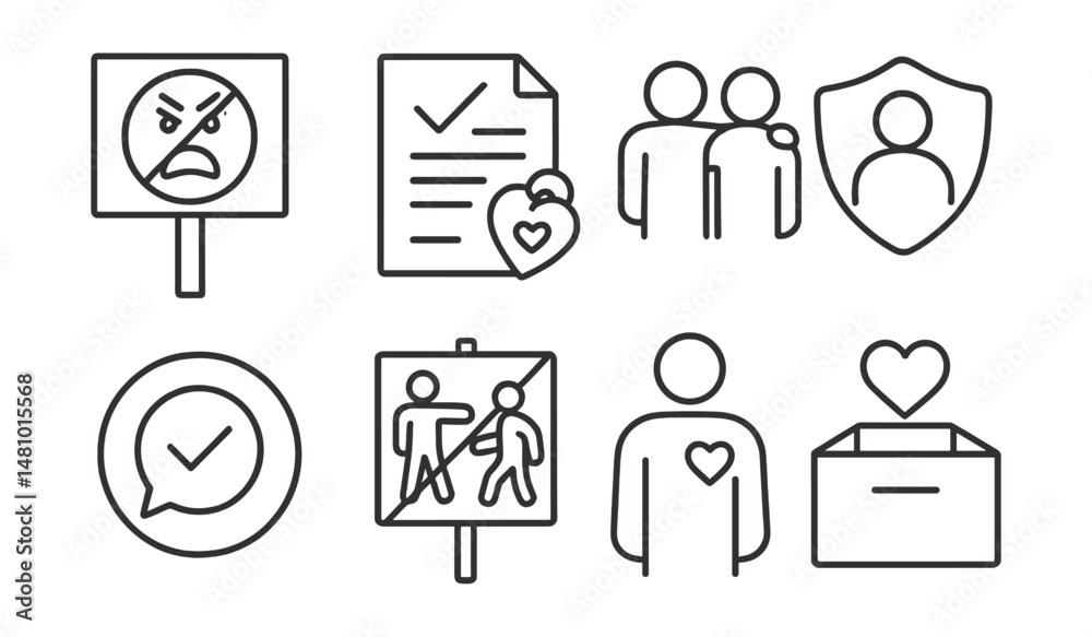 Obraz premium Line style icons of safe and respectful spaces: anti-bullying poster icon, report with care tag, support peer badge, trusted adult file, safe chat circle, no harassment zone board, body respect