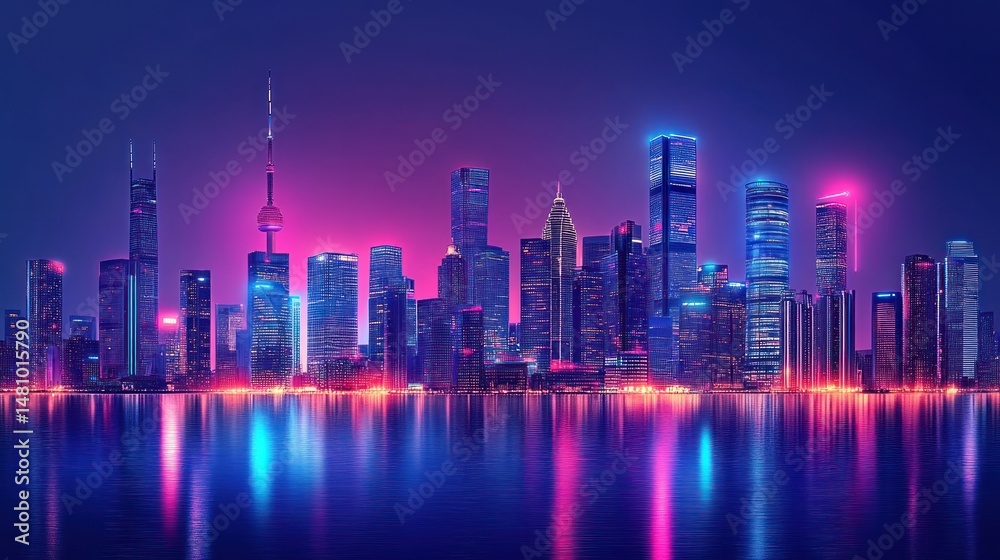 Fototapeta premium Vibrant cityscape at night illuminated skyscrapers reflected in water