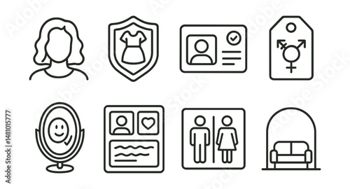 Line style icons of respect for identity and choice: hair without rules icon, dress with dignity badge, safe to express card, break the binary tag, mirror with affirmation symbol, identity story