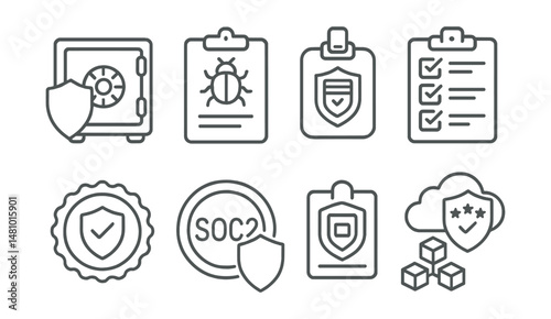 Line style icons of data storage security: vault physical security assessment, penetration test report, data center certification badge, compliance audit checklist, security audit stamp, SOC2