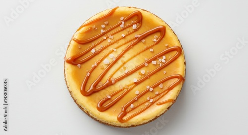 Overhead View of Salted Caramel Cheesecake with Brown Drizzle on White Background