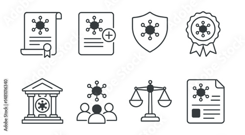 Line style icons of DAO: DAO constitution document, rules amendment proposal, decentralized bylaws icon, governance framework badge, DAO legal entity model, decentralized arbitration panel, conflict