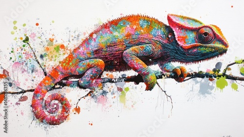 Colorful chameleon on branch vibrant reptile artwork paint splatter background
