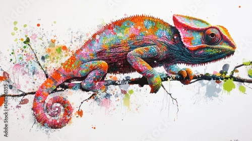 Fototapeta Colorful chameleon on branch vibrant reptile artwork paint splatter background