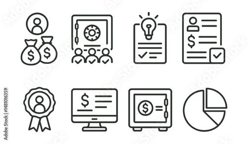 Line style icons of DAO: DAO treasury fund, multi-signature treasury approval, treasury spending proposal, funding request form, DAO grants distribution, investment DAO badge, treasury balance