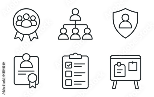 Line style icons of DAO: working group badge, DAO subcommittee formation, task force creation icon, community guild badge, contributor reward program, bounty task list, open role recruitment, DAO job