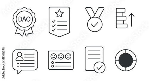 Line style icons of DAO: DAO participation badge, active voter streak badge, governance participation score, engagement level tracker, proposal discussion thread, community sentiment poll, DAO