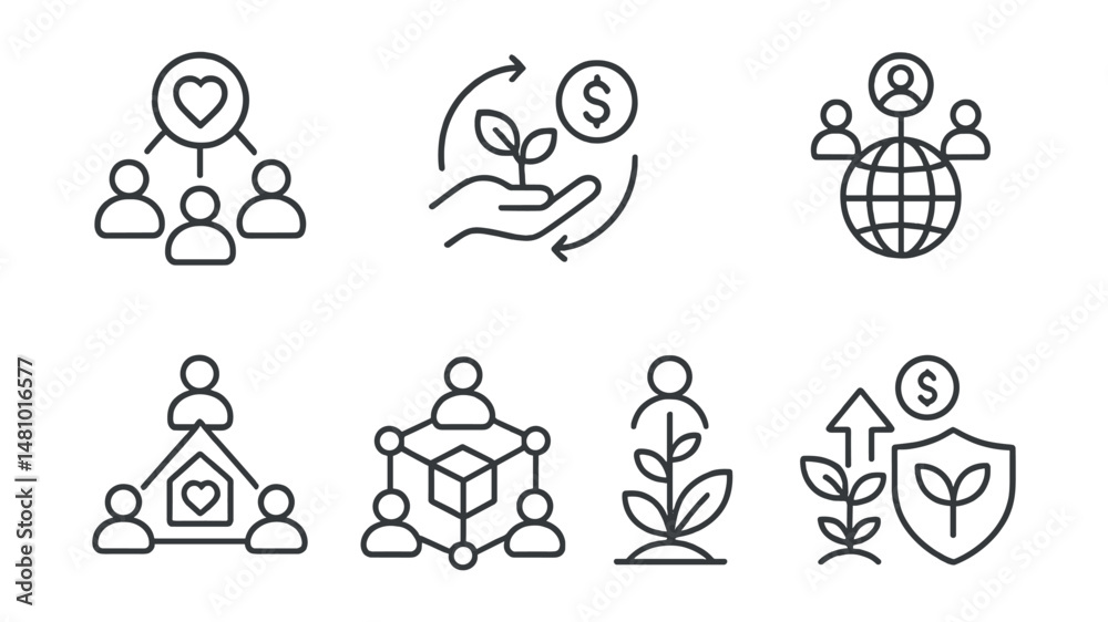 Fototapeta premium Line style icons of DAO: social impact DAO icon, regenerative finance (ReFi) DAO, charity funding DAO, climate action DAO, decentralized non-profit organization, DAO community initiatives, public