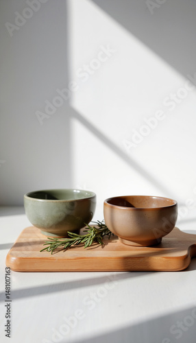 Wallpaper Mural Two ceramic bowls in green and brown colors are displayed on a wooden board with a sprig of rosemary under soft lighting Torontodigital.ca