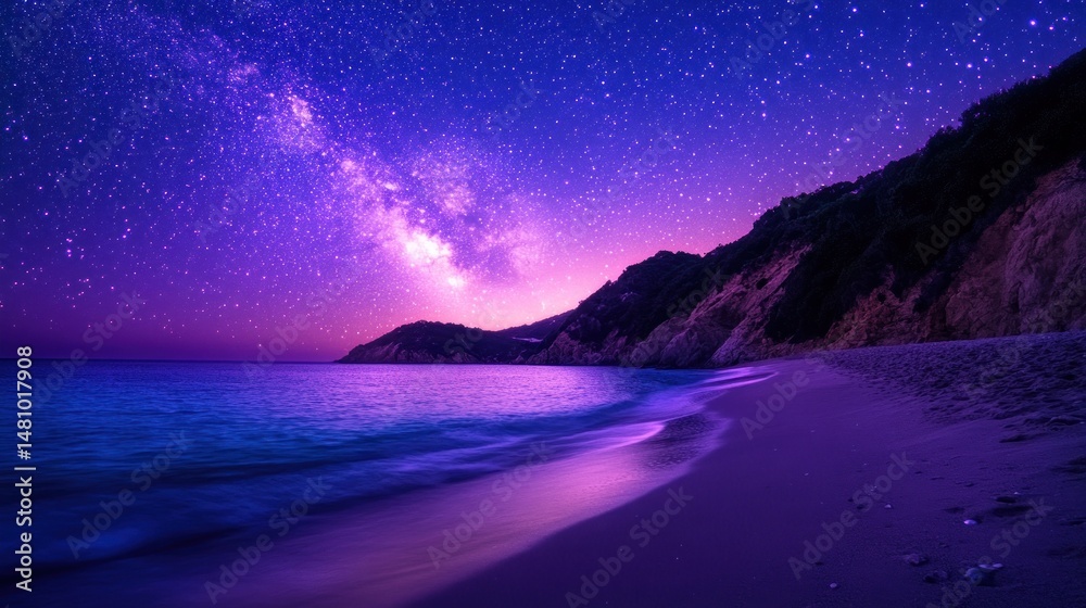 Fototapeta premium Milky way over tranquil beach night scene purple blue hues starry sky