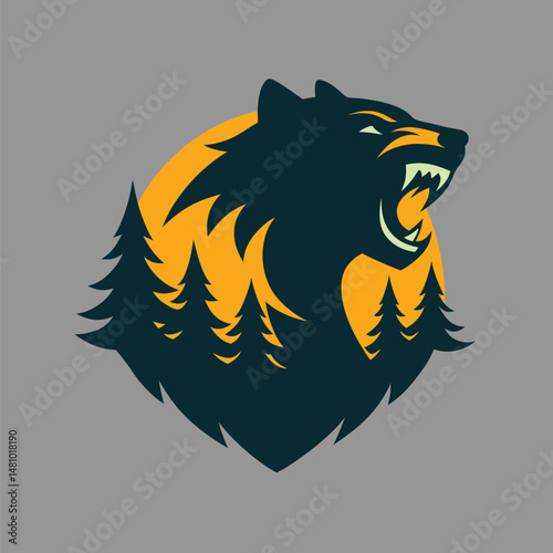 Roaring Bear Logo with Forest Background Design