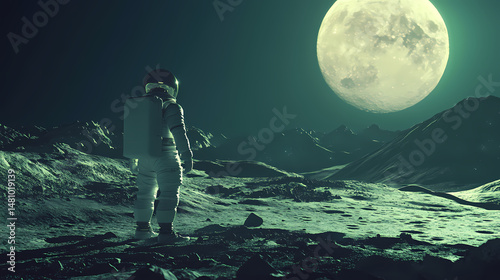 An astronaut explores a serene lunar landscape, documenting observations under a glowing moon, evoking wonder and curiosity. [Lunar Archives] | Apogee Script | far glyph. Illustration