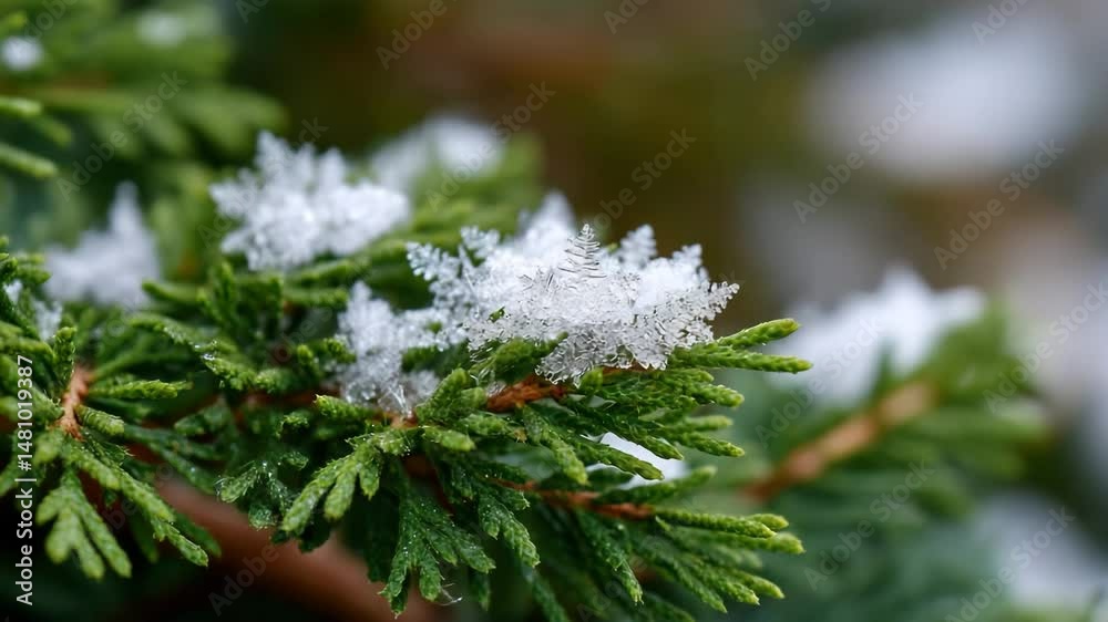 A close-up of a cedar branch adorned with snowflakes creates a serene winter scene, symbolizing the beauty of the winter season and the tranquility of nature. A close-up of a cedar branch adorned with snowflakes creates a serene winter scene, symbolizing the beauty of the winter season and the tranquility of nature.