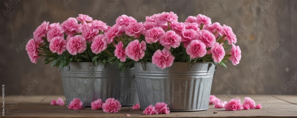 Obraz premium Full bloom pink carnations in galvanized zinc bucket, Happy Mother's Day message , image, rustic