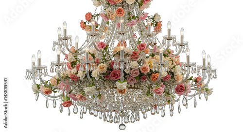 Crystal chandelier decorated with roses isolated on transparent background