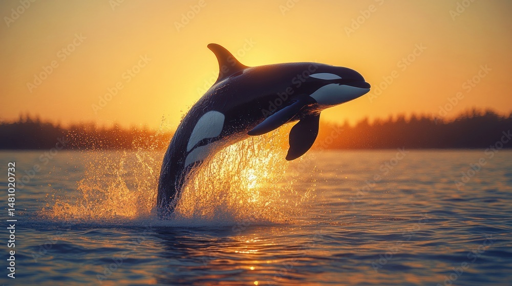Fototapeta premium Orca leaping at sunset (1)