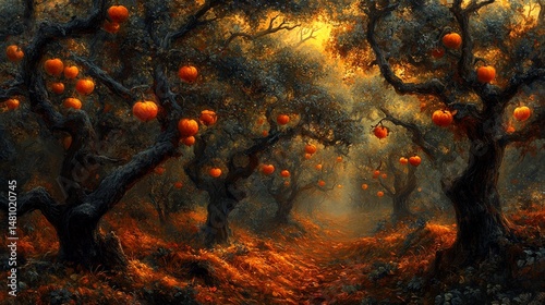 A sun-drenched autumnal orchard path, laden with orange fruit. photo