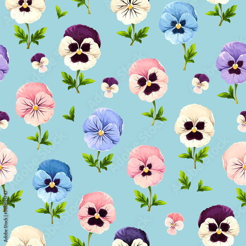 Seamless floral pattern with pink, blue, purple, and white pansy flowers on a blue background. Vector floral print