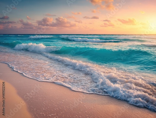 Sunrise Over Turquoise Ocean Waves on Caribbean Empty Beach, Serene Landscape