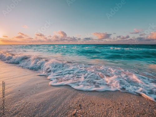 Golden Hour on Caribbean Coast: Turquoise Waves & Empty Sandy Beach