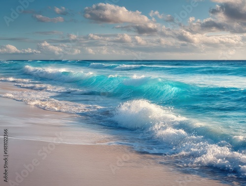 Tropical Sunrise with Turquoise Waves on Serene Caribbean Beach