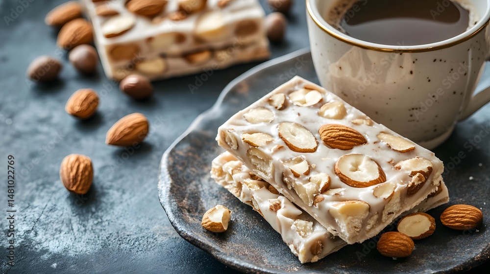 Close up of nougat slices with crunchy nuts such as almonds and hazelnuts next to a fresh cup of coffee.