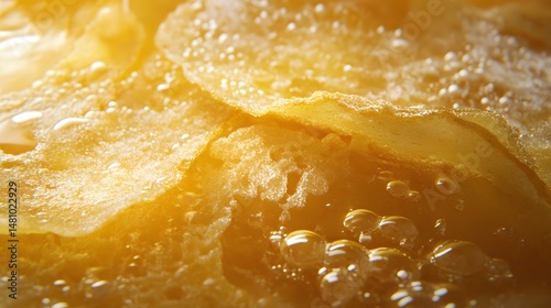 crispy potato chips, golden brown surface with bubbly texture