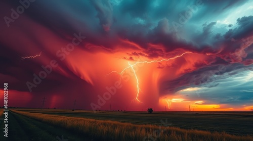 Intense Lightning Storm Over Rural Fields at Sunset